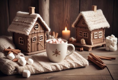 Hot cocoa with marshmallows rests by wooden houses