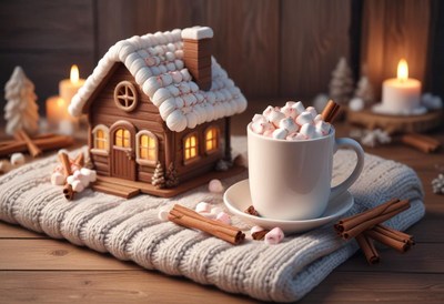 Gingerbread house and cocoa in a cozy winter scene