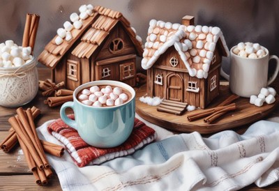 Cozy winter: hot chocolate and gingerbread houses