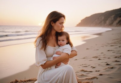 A mother holds her baby on the beach at sunset