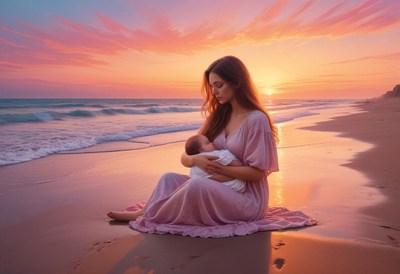 A woman holds her baby on the beach at sunset