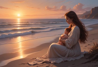 A mother holds her baby on the beach at sunset