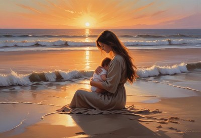 A mother holds her baby on the beach at sunset