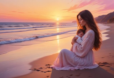 A mother holds her baby on the beach at sunset