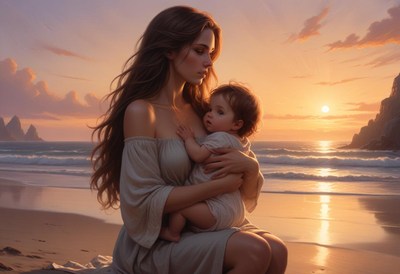 A woman holds her baby on the beach at sunset