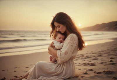 A woman holds her baby on a beach at sunset