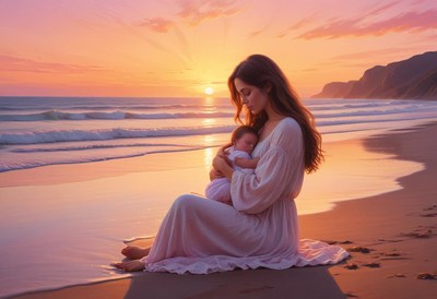 A mother cradles her sleeping baby on the beach at sunset