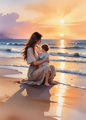 A mother holds her baby on the beach at sunset