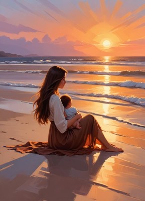 A mother holds her baby on the beach at sunset