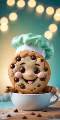 Smiling cookie in a chef hat sits in a cup