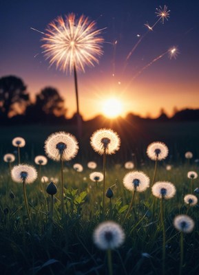 Dandelions in a field at sunset with fireworks in the sky