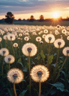 Dandelions glow in the setting sun