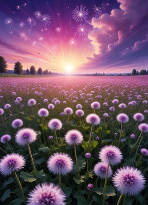 Purple dandelions bloom in a field at sunrise