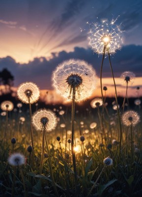 Dandelions glow in the evening light