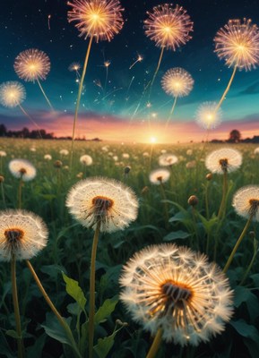 Dandelions glow in a field at sunset
