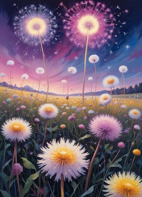 A field of dandelions blooms under a pink and purple sky