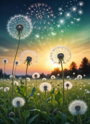 Dandelions in a field at sunset with fireworks in the sky