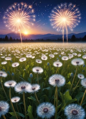 Fireworks illuminate a field of dandelions at sunset