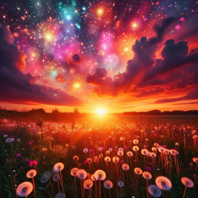 A field of dandelions glows in the light of a setting sun