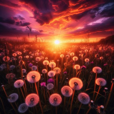 Dandelions bloom in a field at sunset