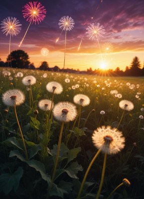 Dandelions bloom at sunset with fireworks above