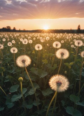 Dandelions bloom in a field at sunset