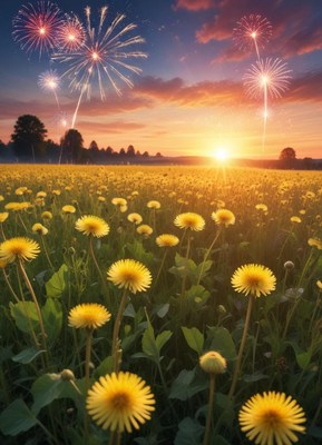 Dandelions bloom at sunset with fireworks above
