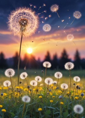 Dandelions bloom in a field at sunset