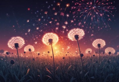 Dandelions bloom as fireworks light the night sky