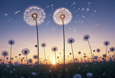 Dandelions release seeds at sunset