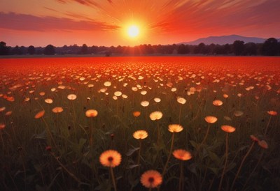 A field of dandelions glows at sunset