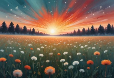 A field of flowers glows during a vibrant sunset