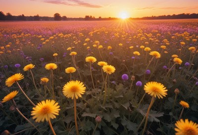 A field of yellow dandelions at sunset