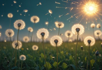 Dandelion seeds blow in the wind on a sunny day