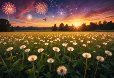 Fireworks burst over a field of dandelions at sunset