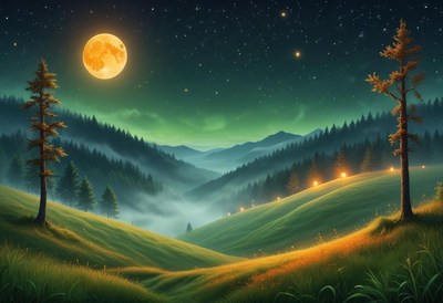 A full moon shines over a misty valley