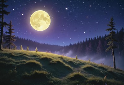 A full moon shines brightly over a foggy forest at night