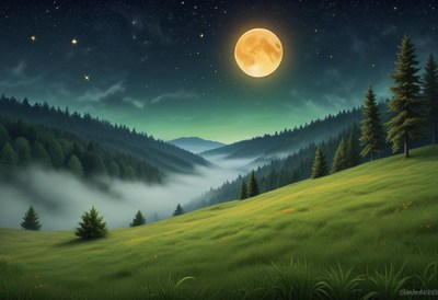 A full moon shines over a foggy forest valley
