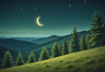 A crescent moon hangs in the night sky above a grassy hill