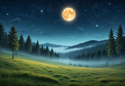 A full moon shines over a misty forest valley