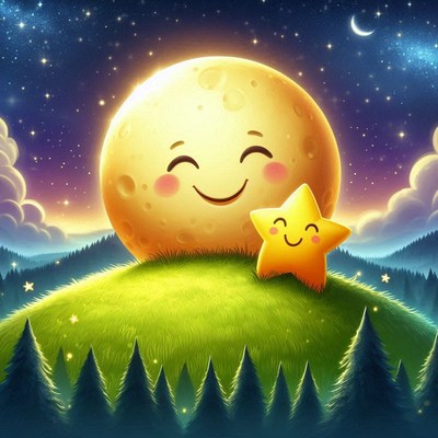 A smiling moon and star rest on a hilltop