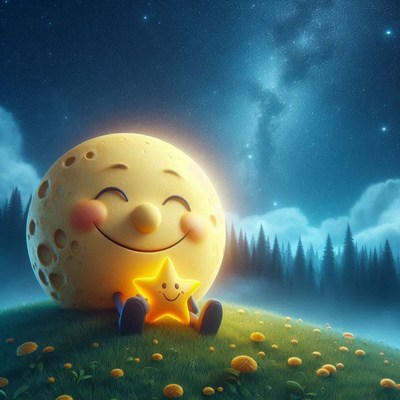The moon smiles while holding a star