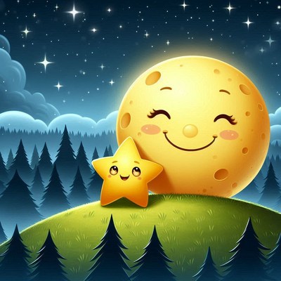 A happy moon and star smile at each other in the night sky