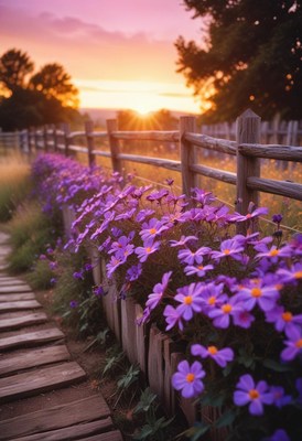 Purple flowers bloom along a wooden fence at sunset