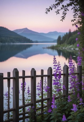 Purple flowers by a fence overlook a sunset lake
