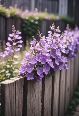 Purple flowers bloom on a wooden fence