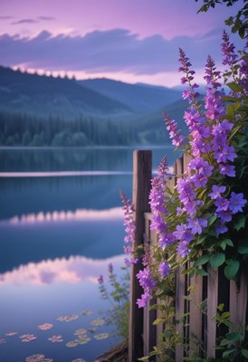 Purple flowers bloom by a wooden fence near a still lake