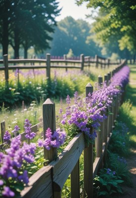 Purple flowers bloom along a wooden fence in a field