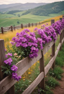 Purple flowers bloom along a wooden fence in a rural setting