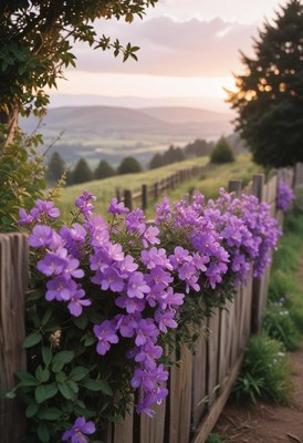 Purple flowers bloom along a wooden fence in a rural setting
